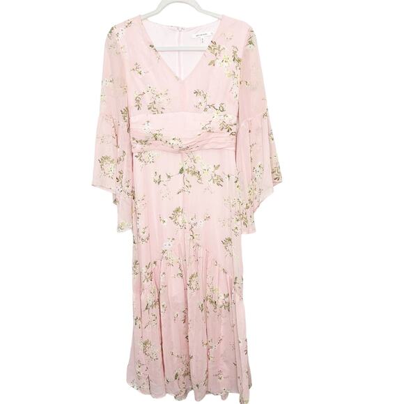 Avec Les Filles NWOT Pink Floral Boho Chiffon Bell Sleeves Maxi Dress Size 2 - Picture 3 of 9